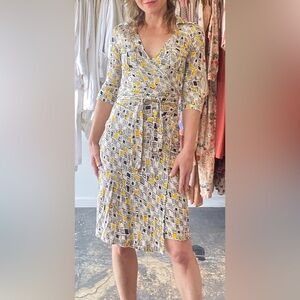 Diane Von Furstenberg Black and Yellow Geometric Silk Wrap Dress